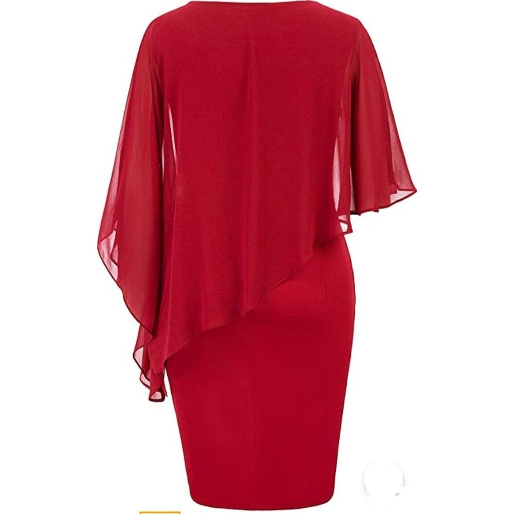 Hanna Nikole Womens Plus 20W Red Cape Dress Chiffon Overlay Bodycon Pencil NEW - Picture 5 of 7